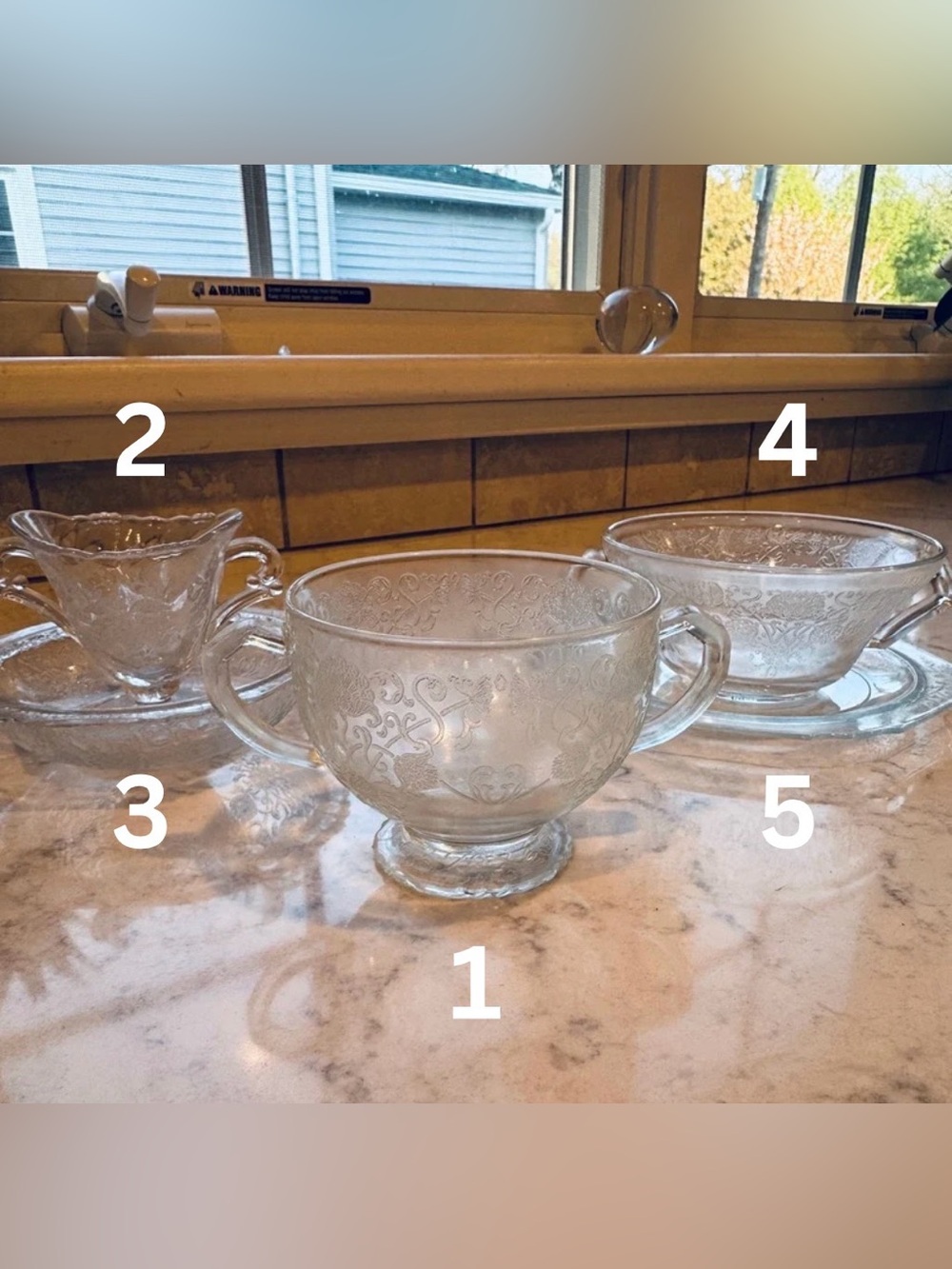 Vintage Depression Glass Etched Clear Crystal Cups and Saucers.